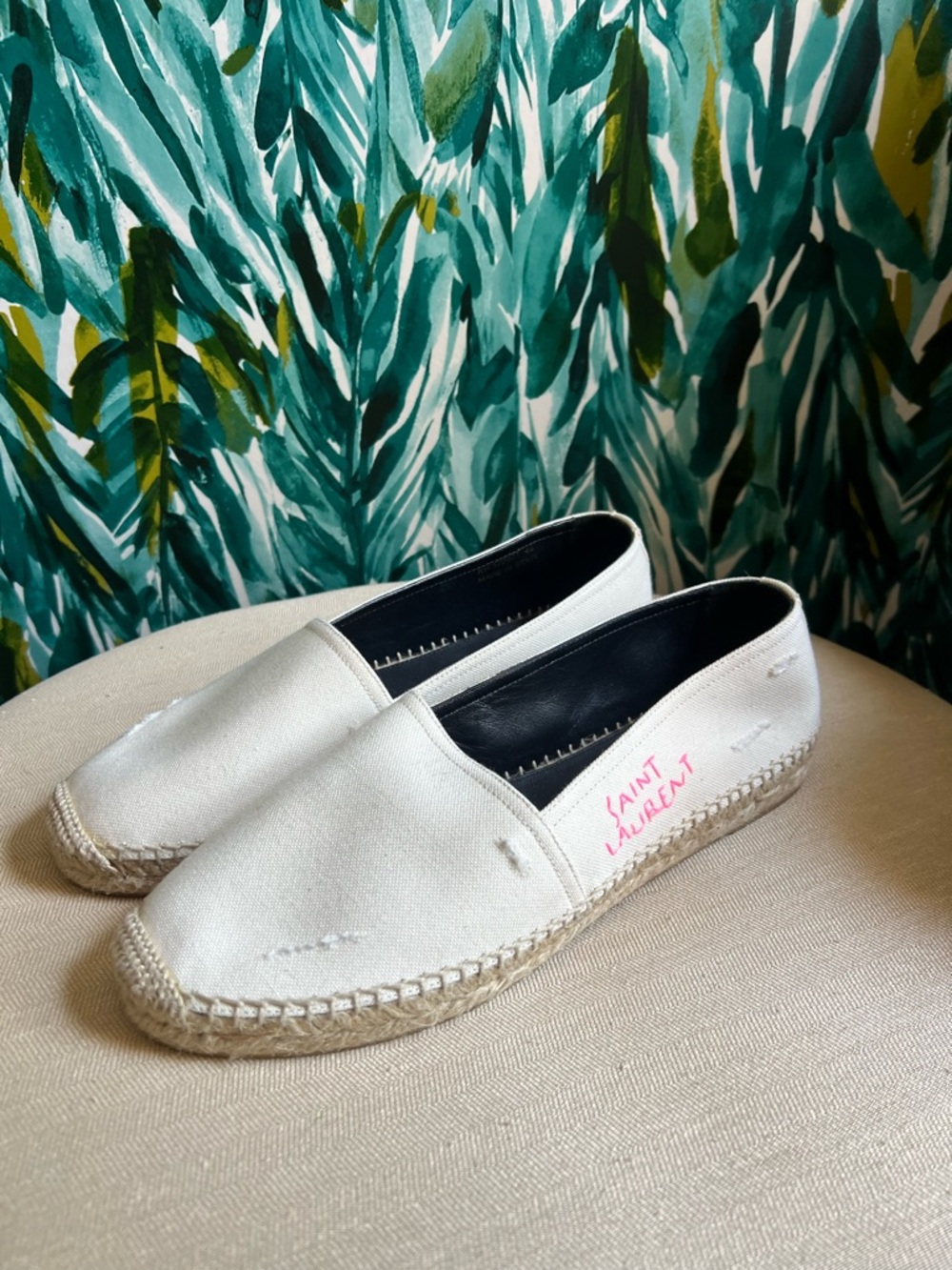 Saint Laurent White Canvas Espadrilles with Pink Logo